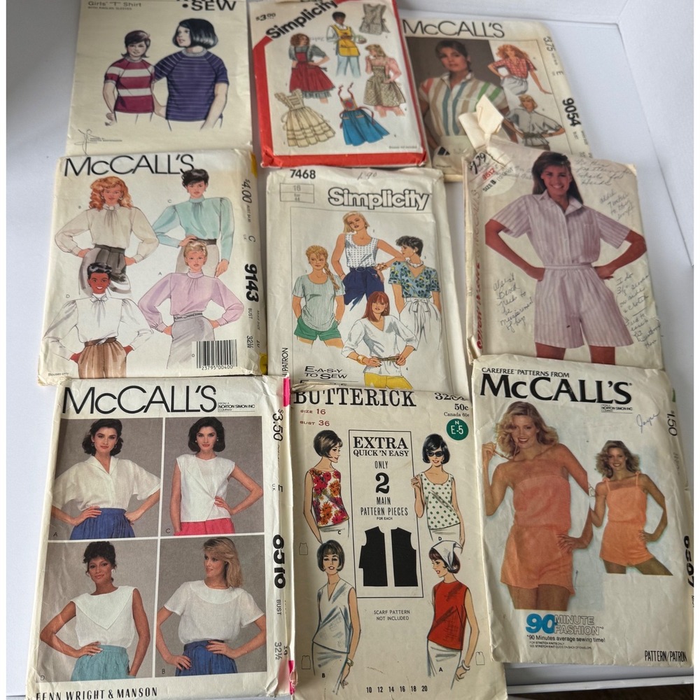 Simplicity McCall Vintage 80s Sewing Pattern Lot Blouses Tops Shorts Apron OS